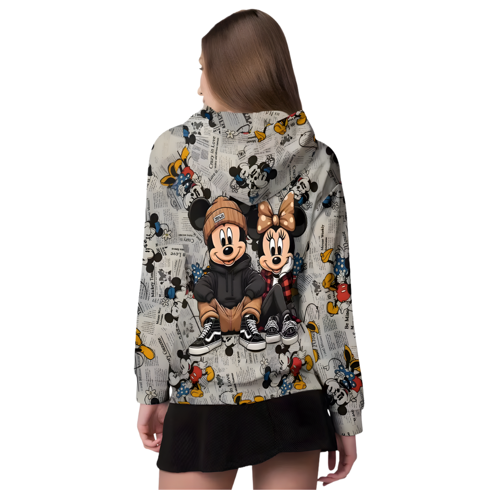Mickey And Minnie Retro Newspaper Print Oversized Hoodie For Womens