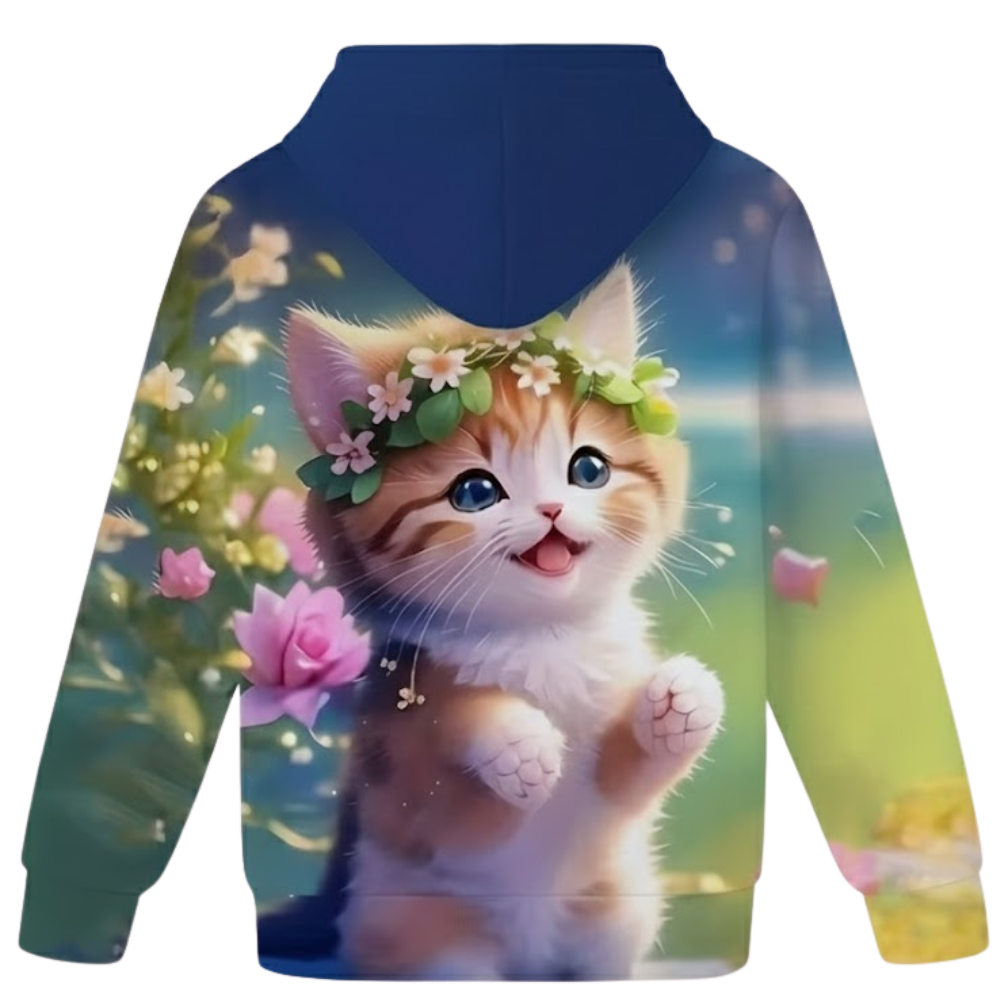Kitten Graphic Print Hoodie With Floral Details For Kids