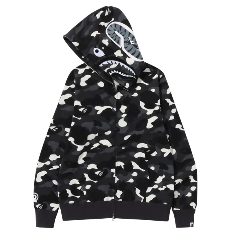 Double Capped Shark Themed Hoodie For Men With Zipper And Fleece Lining