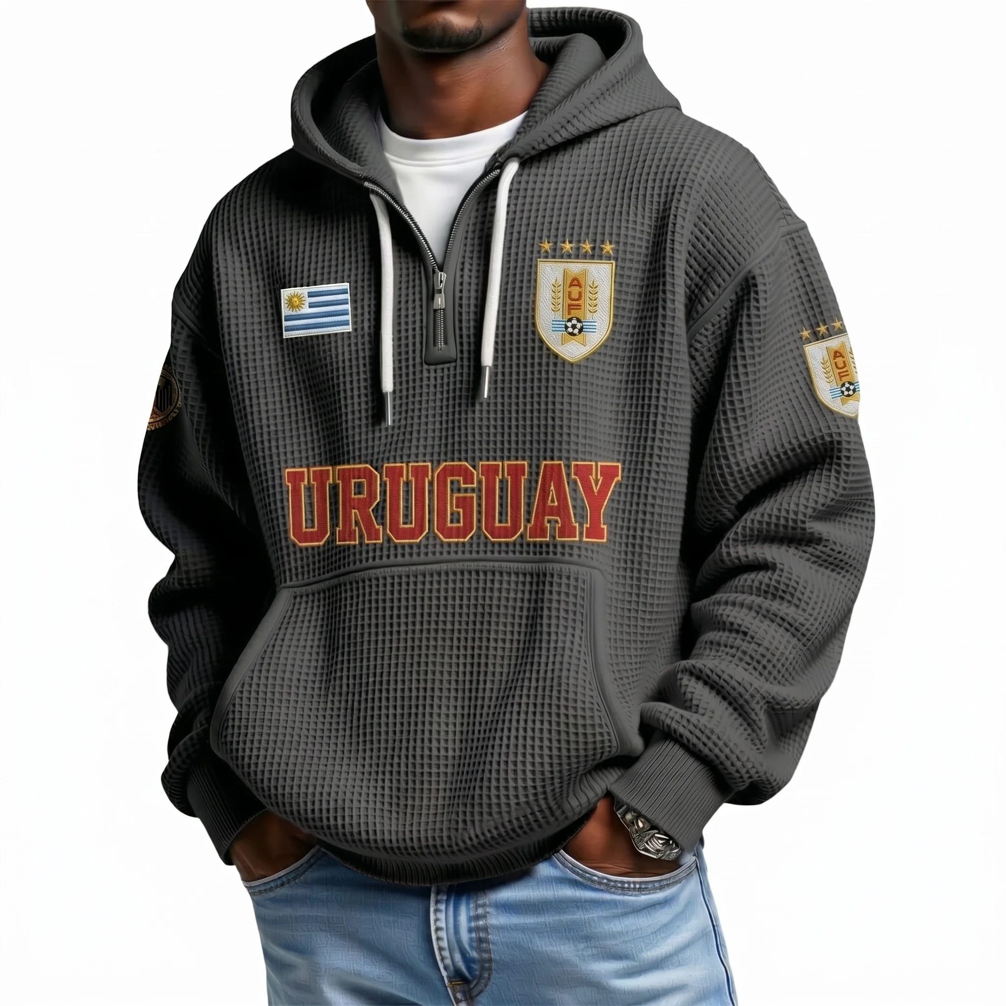 Uruguay Printed Waffle Quarter Zip Football Fan Hoodie