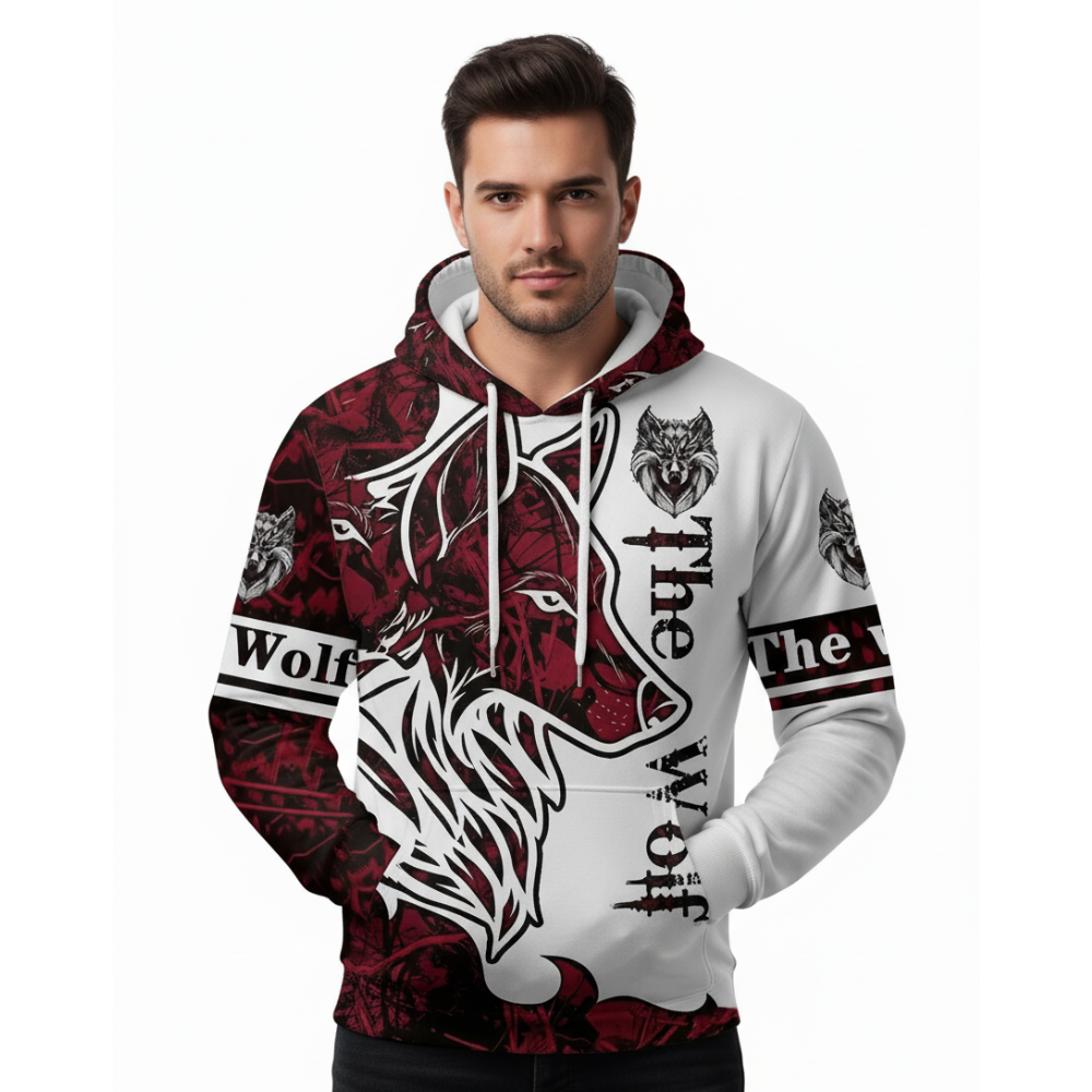 Mens Wolf Print Hoodie a Graphic Pullover For Streetwear