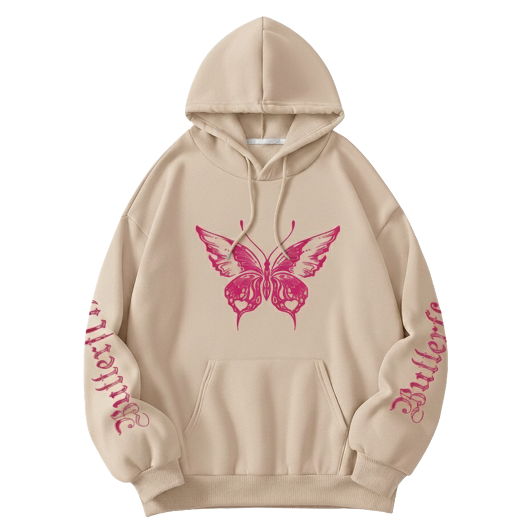 Casual Butterfly Printed Drawstring Hoodie For Women