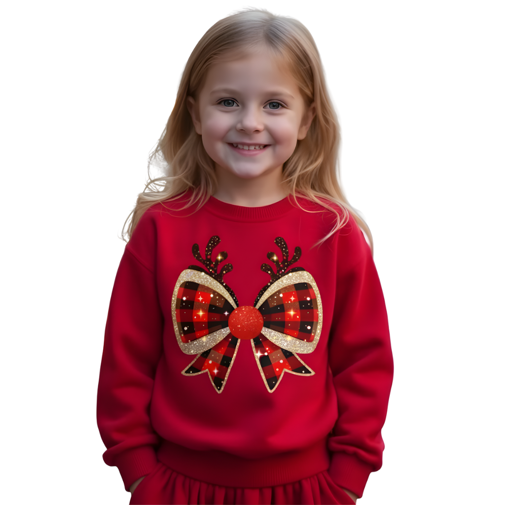 Fleece Lined Christmas Sweatshirt With Festive Bow For Girls
