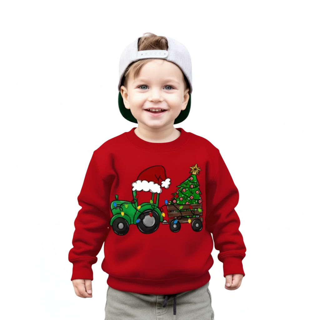 Winter  Sweatshirt With Tractor Christmas Tree Print For Boys
