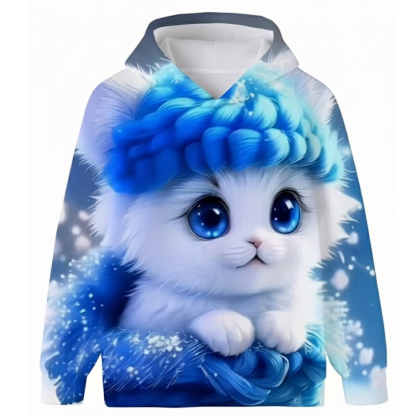 Kitten Graphic Print Hoodie With Floral Details For Kids
