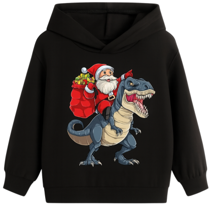 Kids Christmas Hoodie with Santa Riding Dinosaur Print