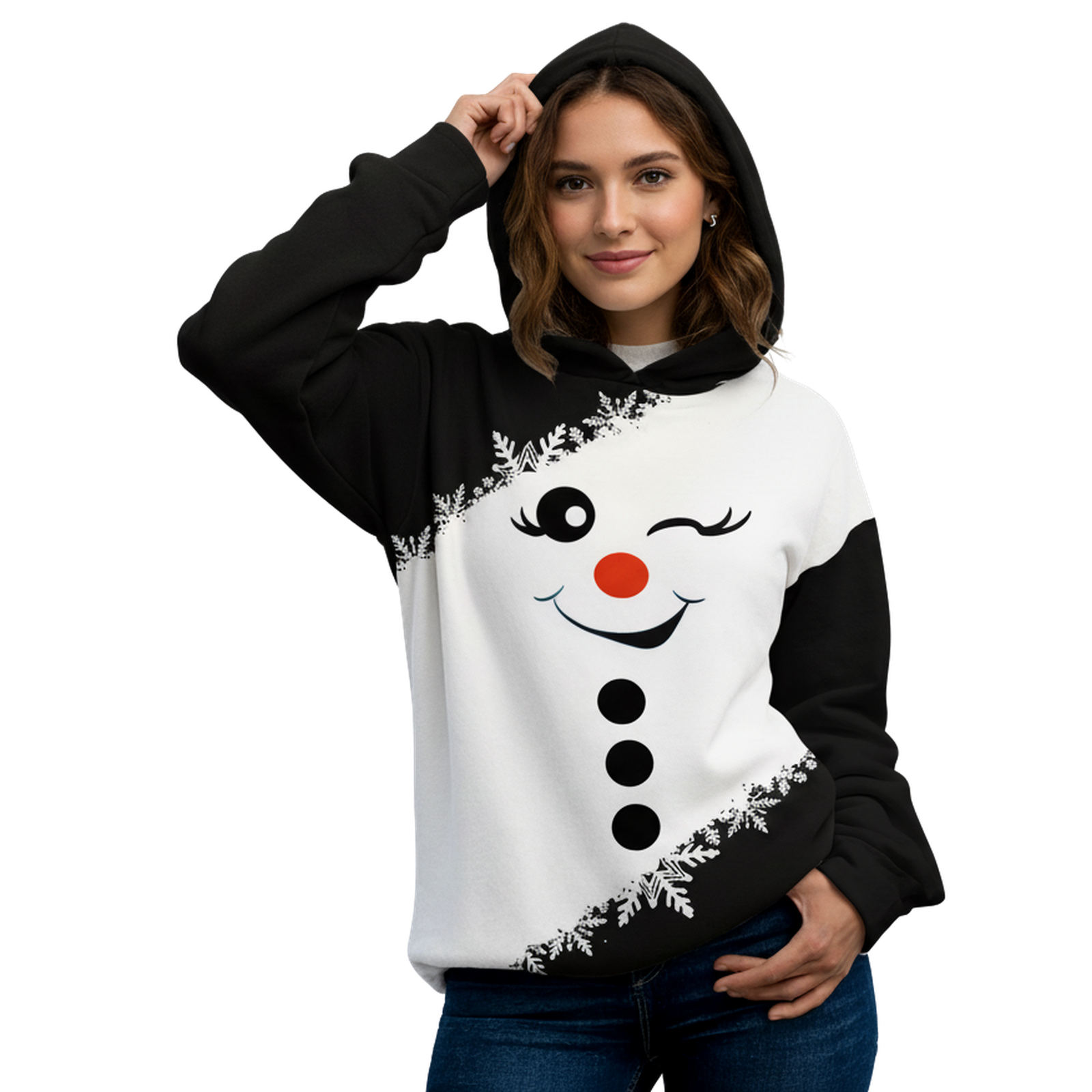 Women Christmas Snowman Winking Hoodie with Snowflake Contrast Sleeves