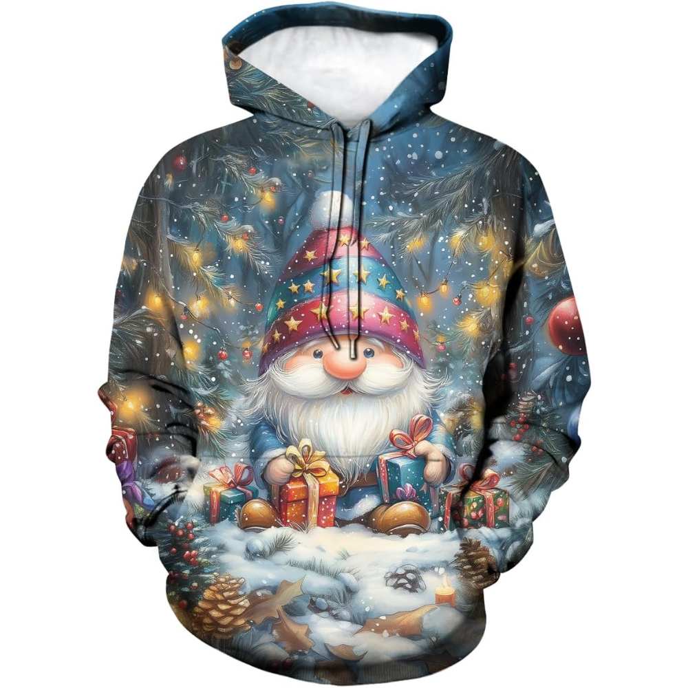 3D Christmas Gnome Themed Print Hooded Pullover