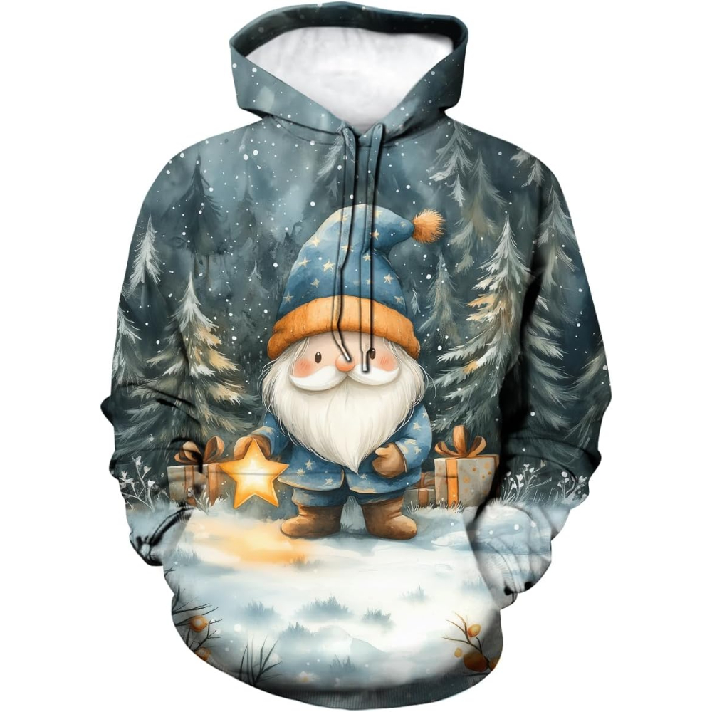 3D Christmas Gnome Themed Print Hooded Pullover