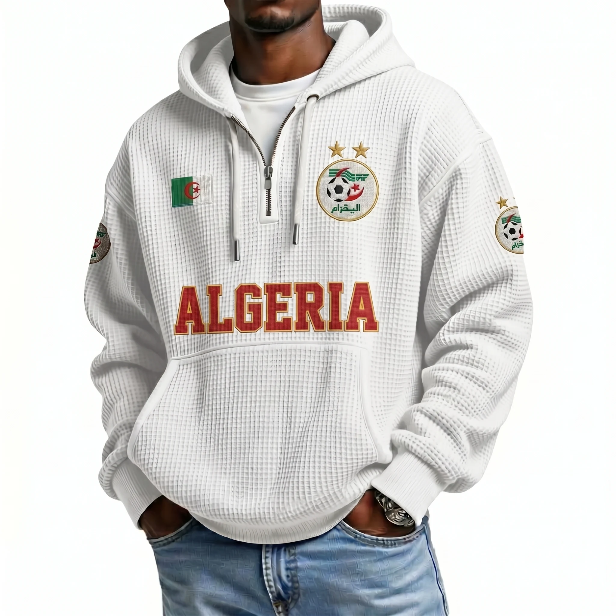 Algeria Printed Waffle Quarter Zip Football Fan Hoodie