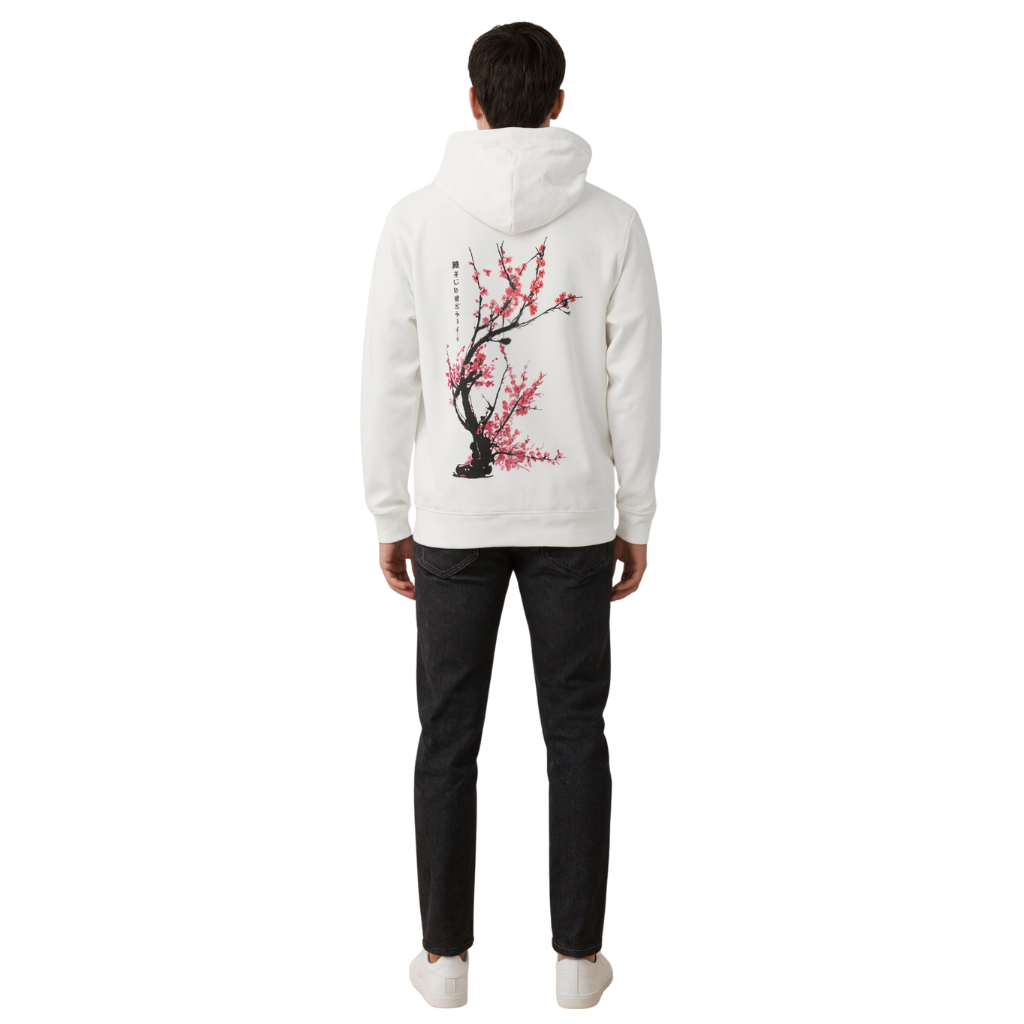 Men Casual Hoodie With Cherry Blossom Print