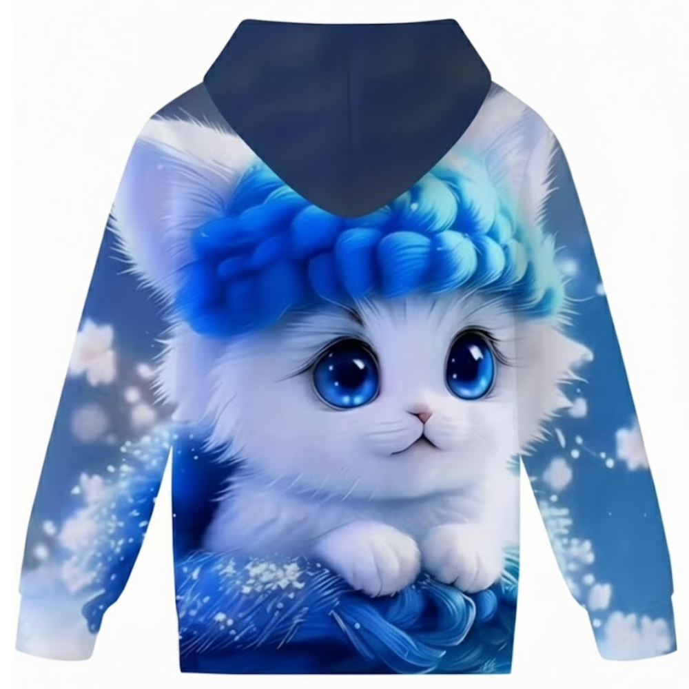 Kitten Graphic Print Hoodie With Floral Details For Kids
