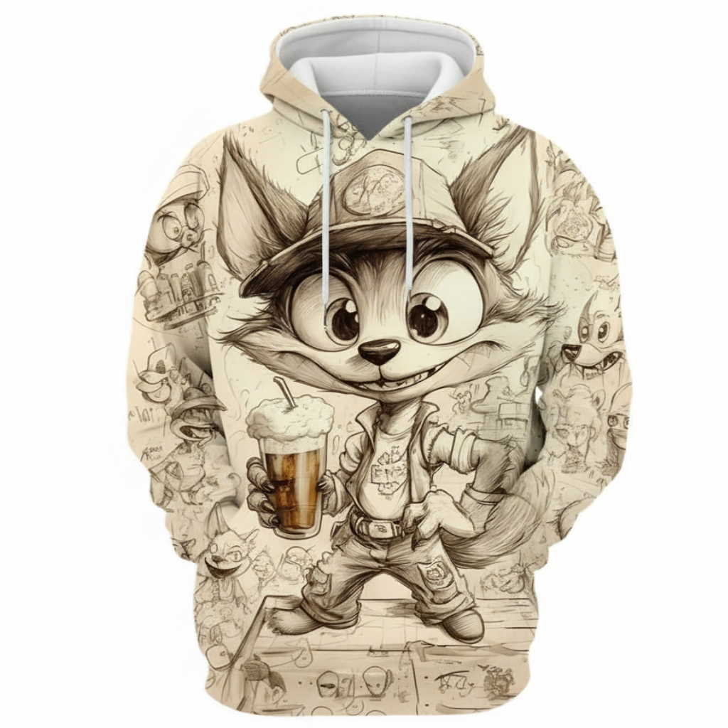 Fox Printed Casual Cartoon Hooded Pullover