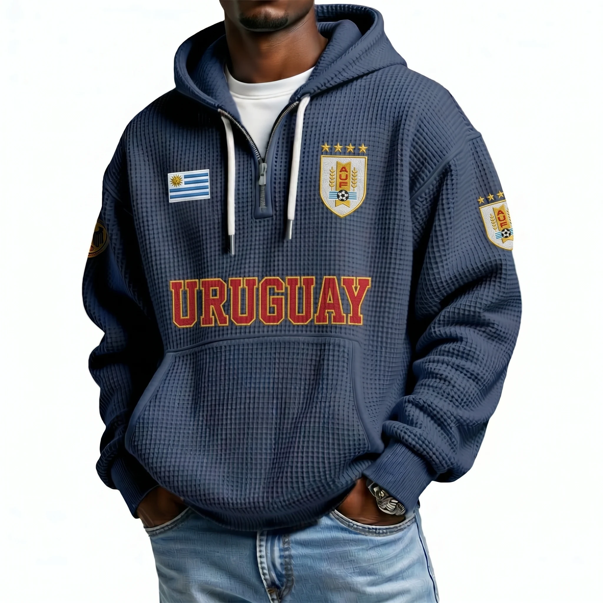 Uruguay Printed Waffle Quarter Zip Football Fan Hoodie