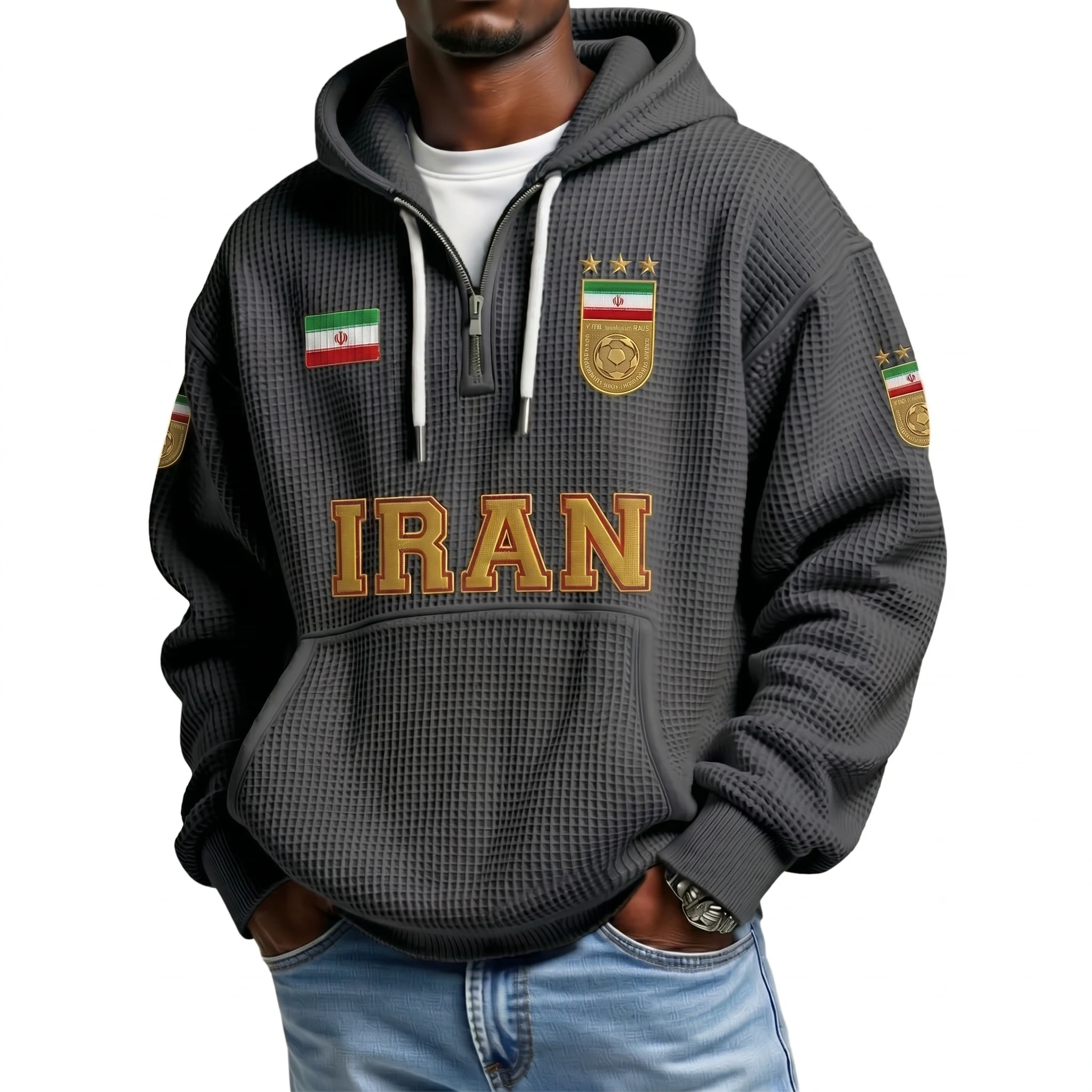 Iran Printed Waffle Quarter Zip Football Fan Hoodie