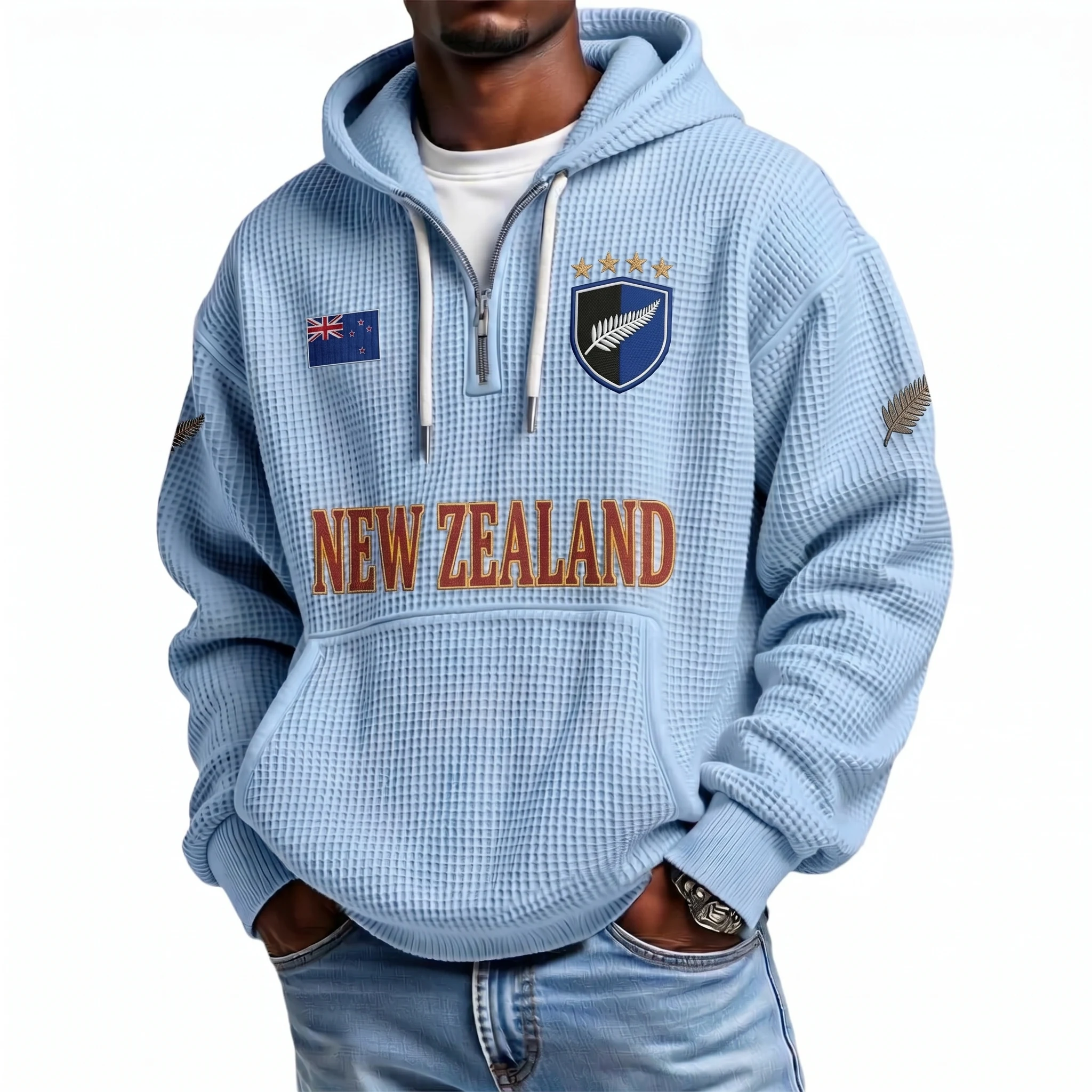 New Zealand Printed Waffle Quarter Zip Football Fan Hoodie