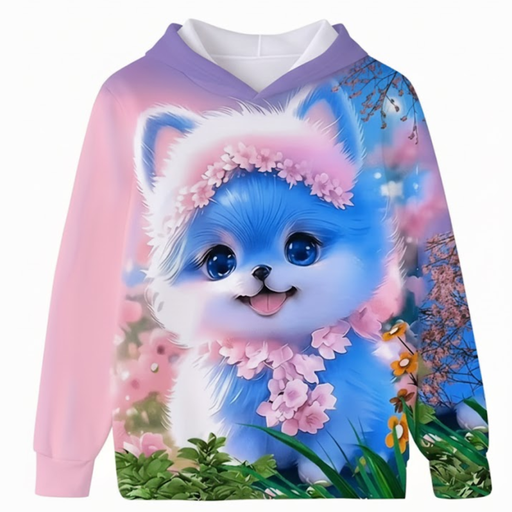 Kitten Graphic Print Hoodie With Floral Details For Kids
