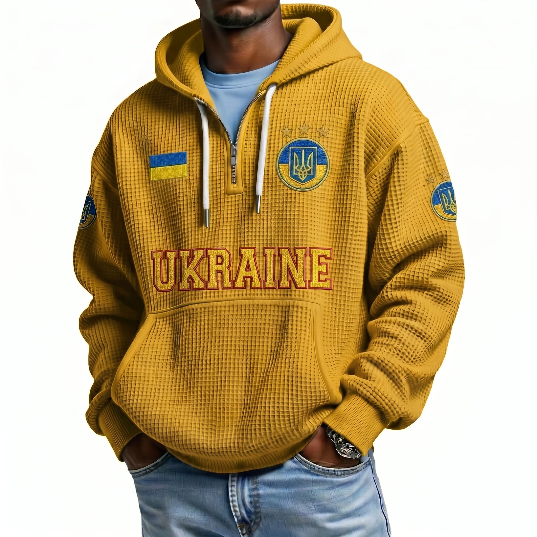 Ukraine Printed Waffle Quarter Zip Football Fan Hoodie