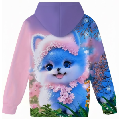 Kitten Graphic Print Hoodie With Floral Details For Kids