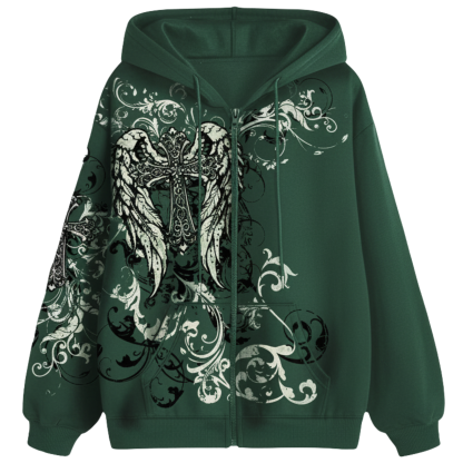 Women Gothic Angel Wings and Cross Graphic Hoodie