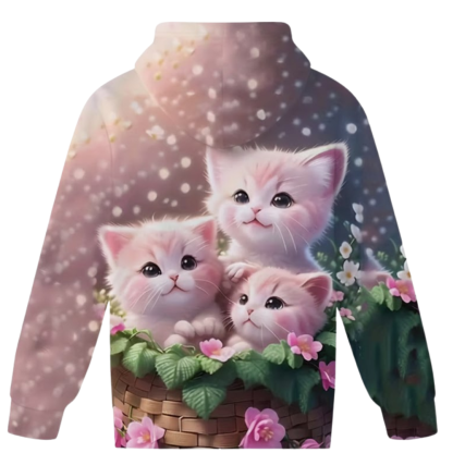Kitten Graphic Print Hoodie With Floral Details For Kids