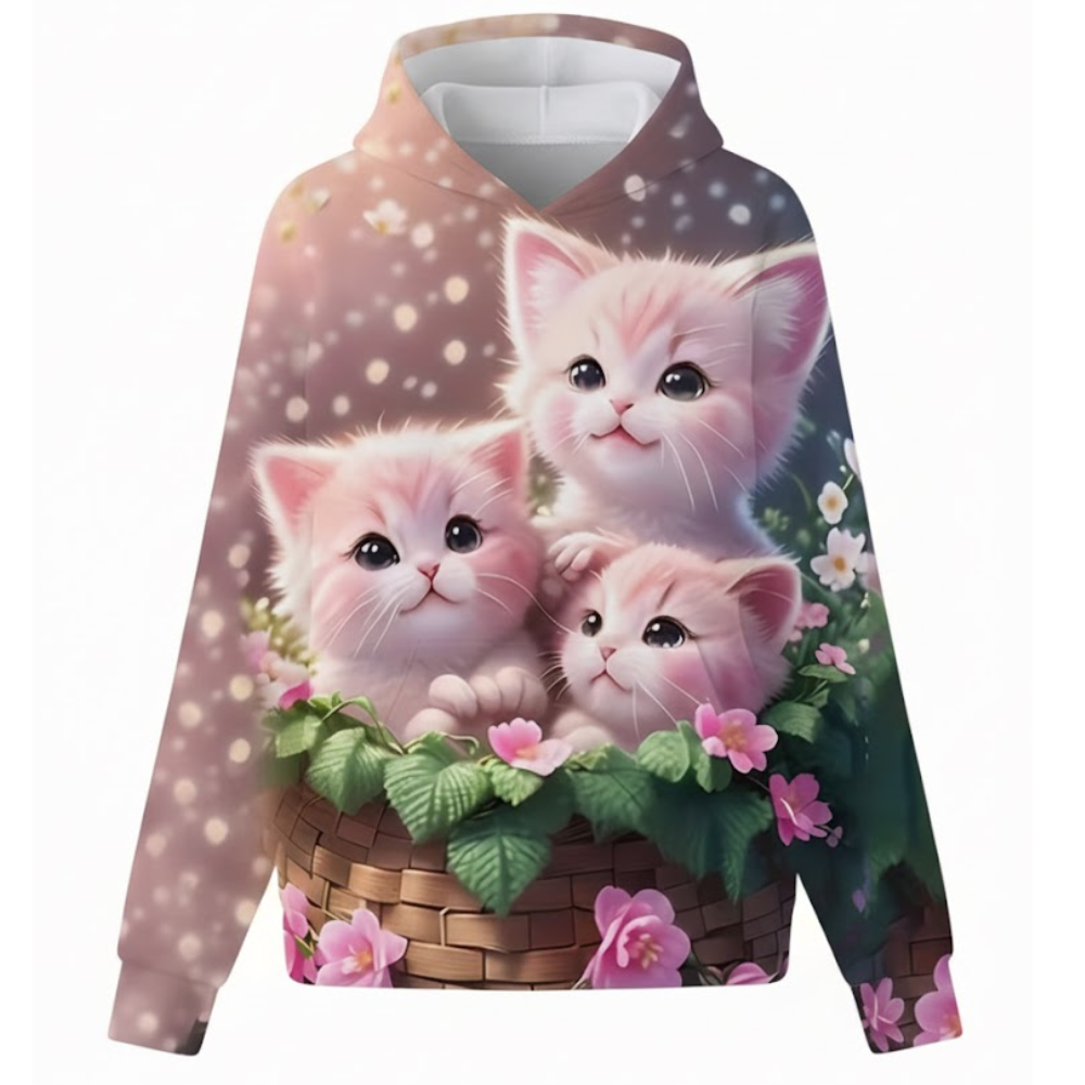 Kitten Graphic Print Hoodie With Floral Details For Kids