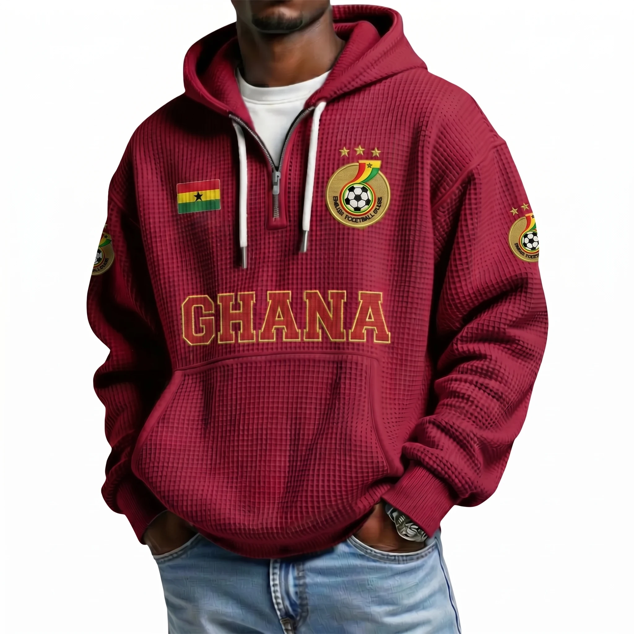 Ghana Printed Waffle Quarter Zip Football Fan Hoodie
