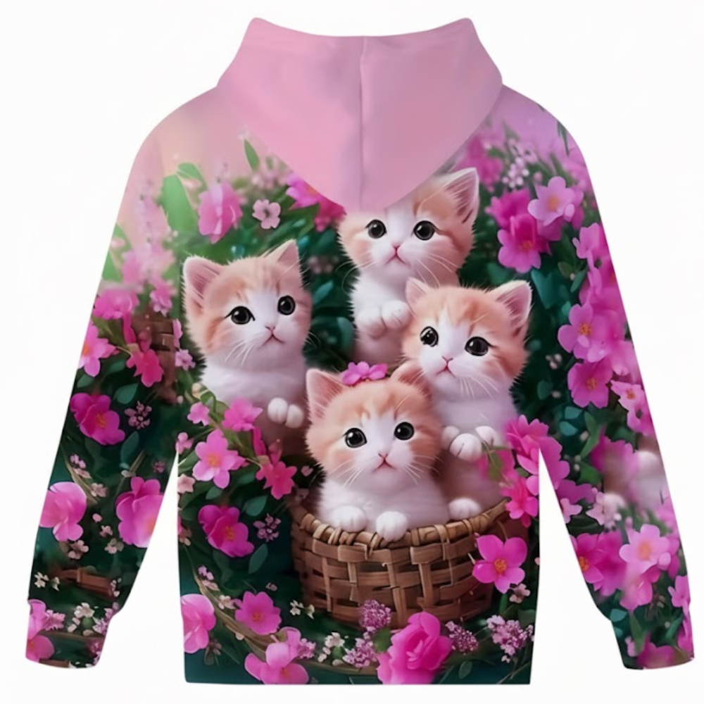 Kitten Graphic Print Hoodie With Floral Details For Kids
