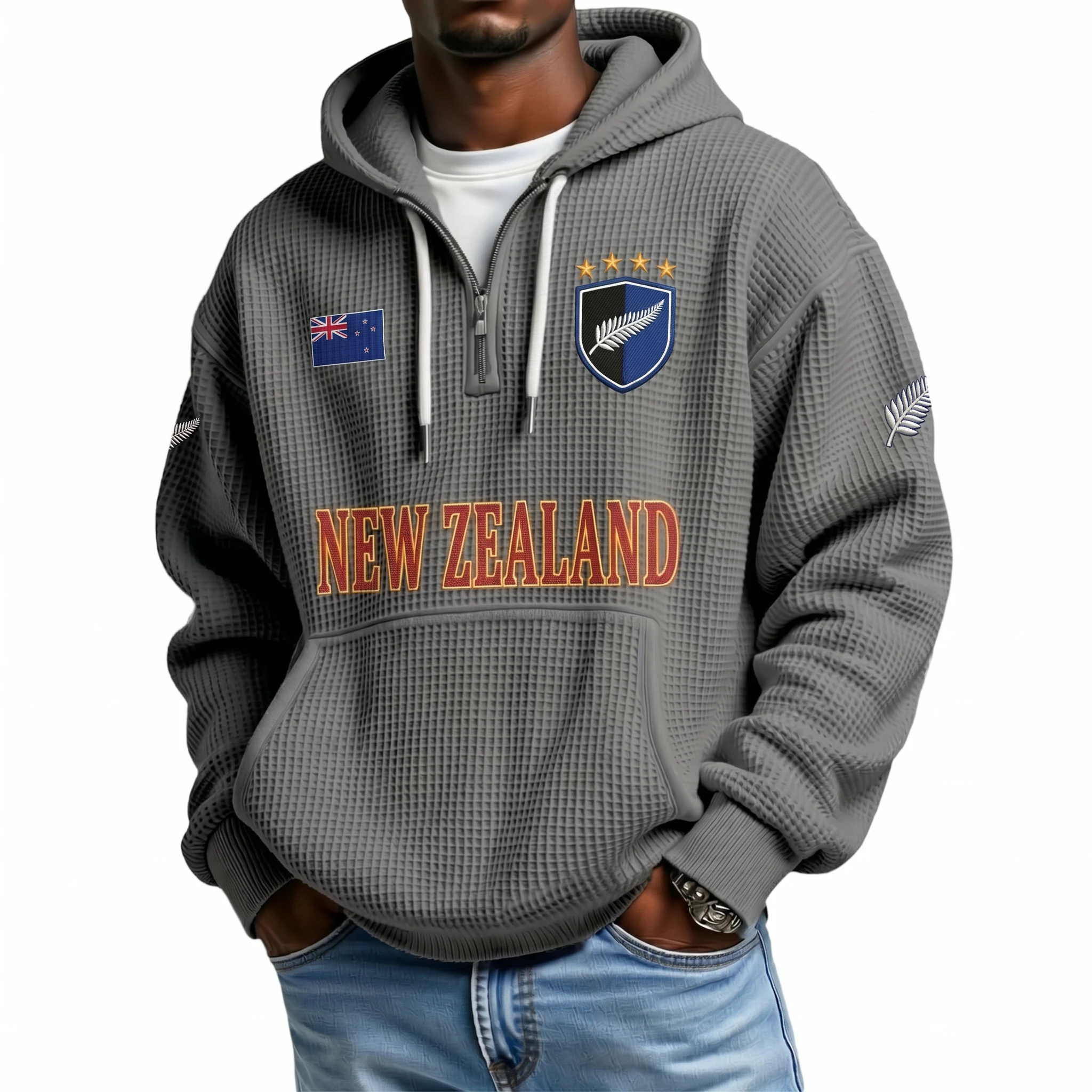New Zealand Printed Waffle Quarter Zip Football Fan Hoodie
