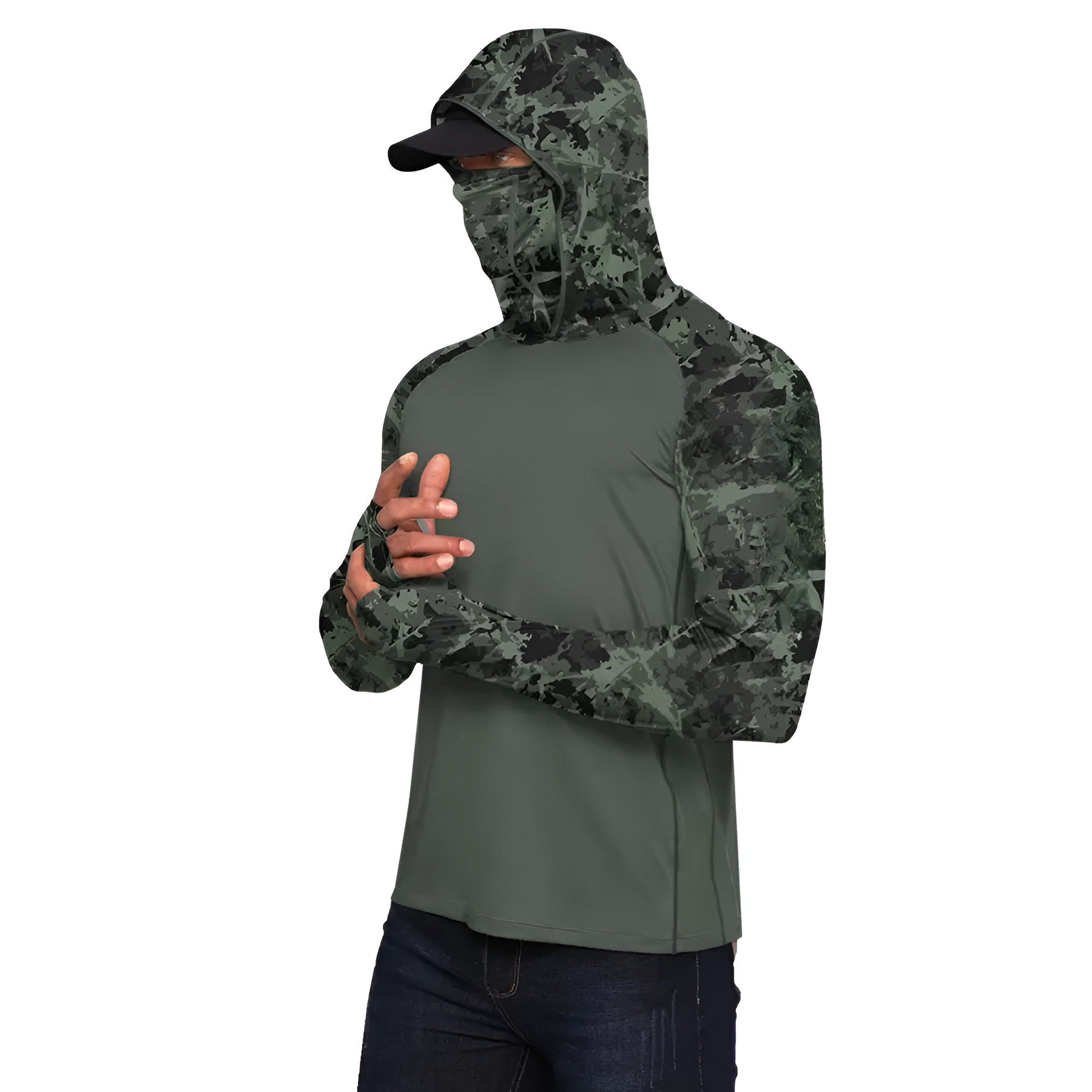 Sun Hoodie Shirts w/ UV Detection Mask Neck Gaiter Thumbhole Men UPF 100+ Sun Protection Long Sleeve