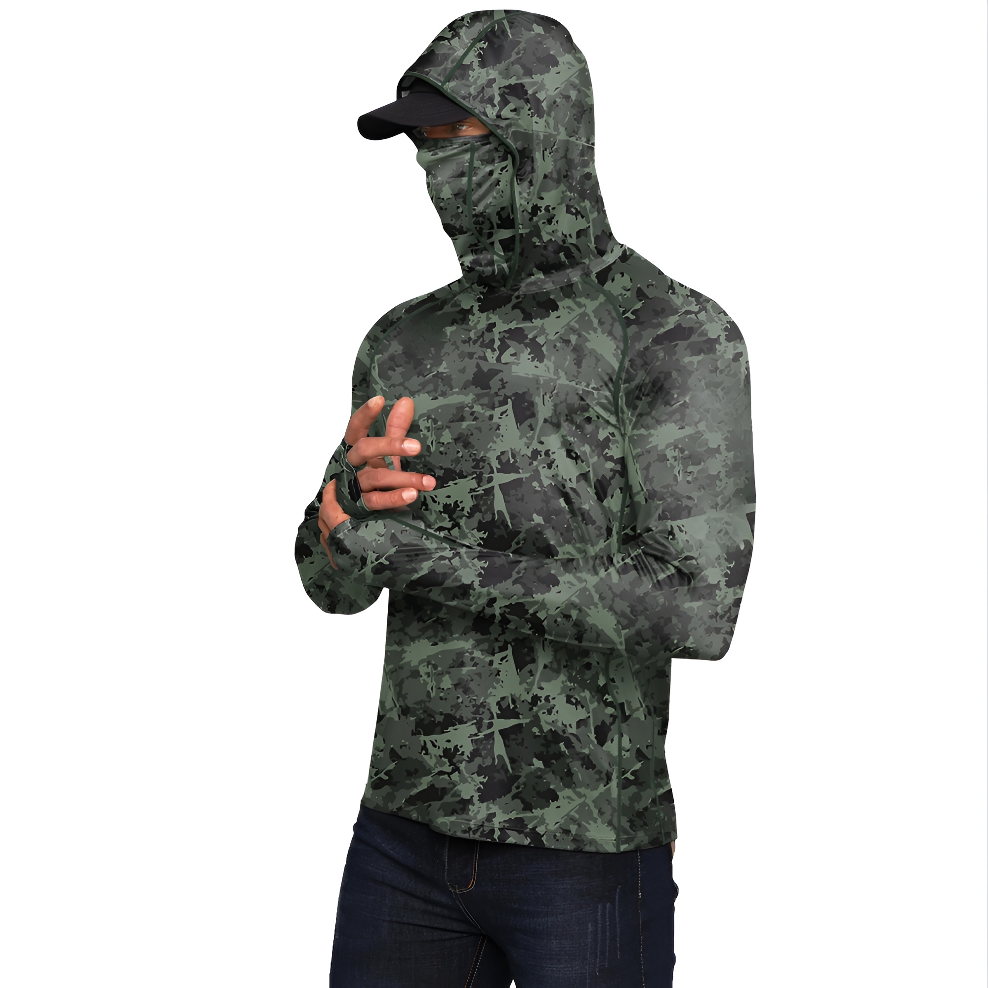 Sun Hoodie Shirts w/ UV Detection Mask Neck Gaiter Thumbhole Men UPF 100+ Sun Protection Long Sleeve