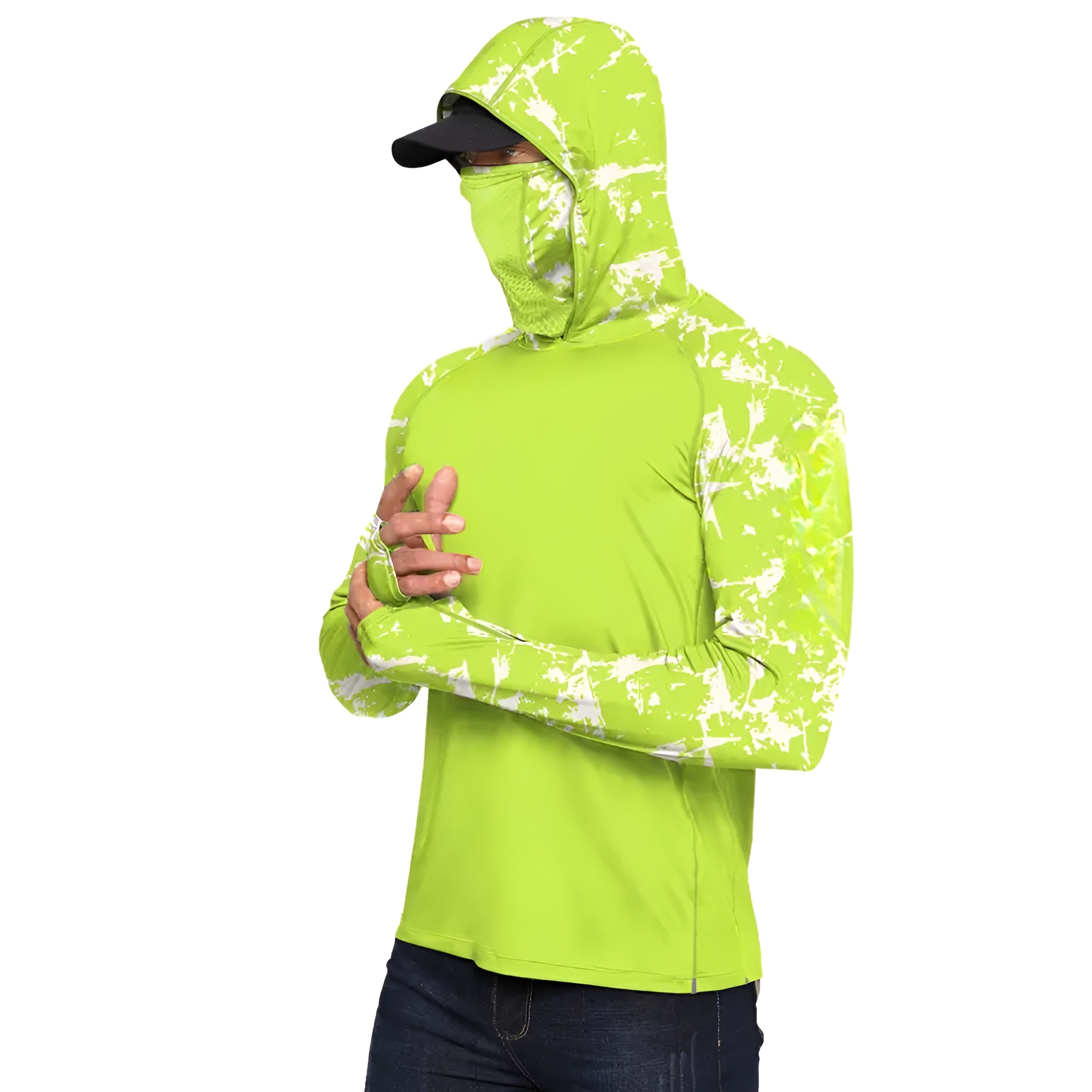 Sun Hoodie Shirts w/ UV Detection Mask Neck Gaiter Thumbhole Men UPF 100+ Sun Protection Long Sleeve