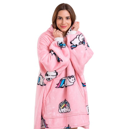 Unicorn Printed Oversized Wearable Fleece Hoodie Blanket