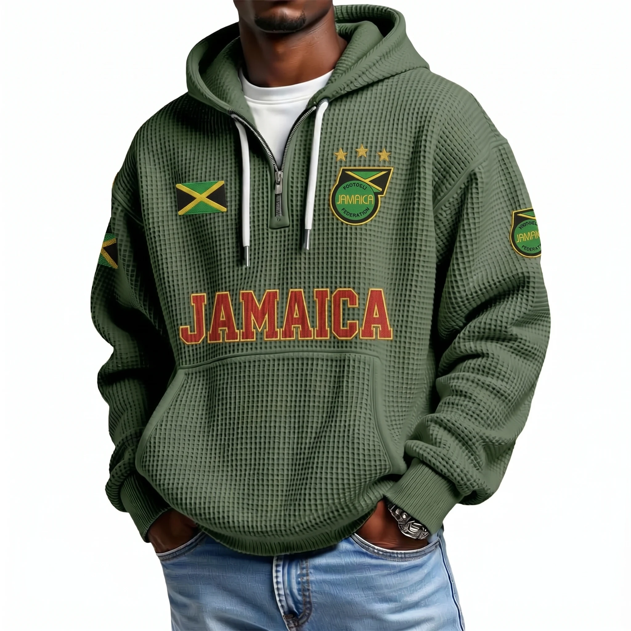 Jamaica Printed Waffle Quarter Zip Football Fan Hoodie