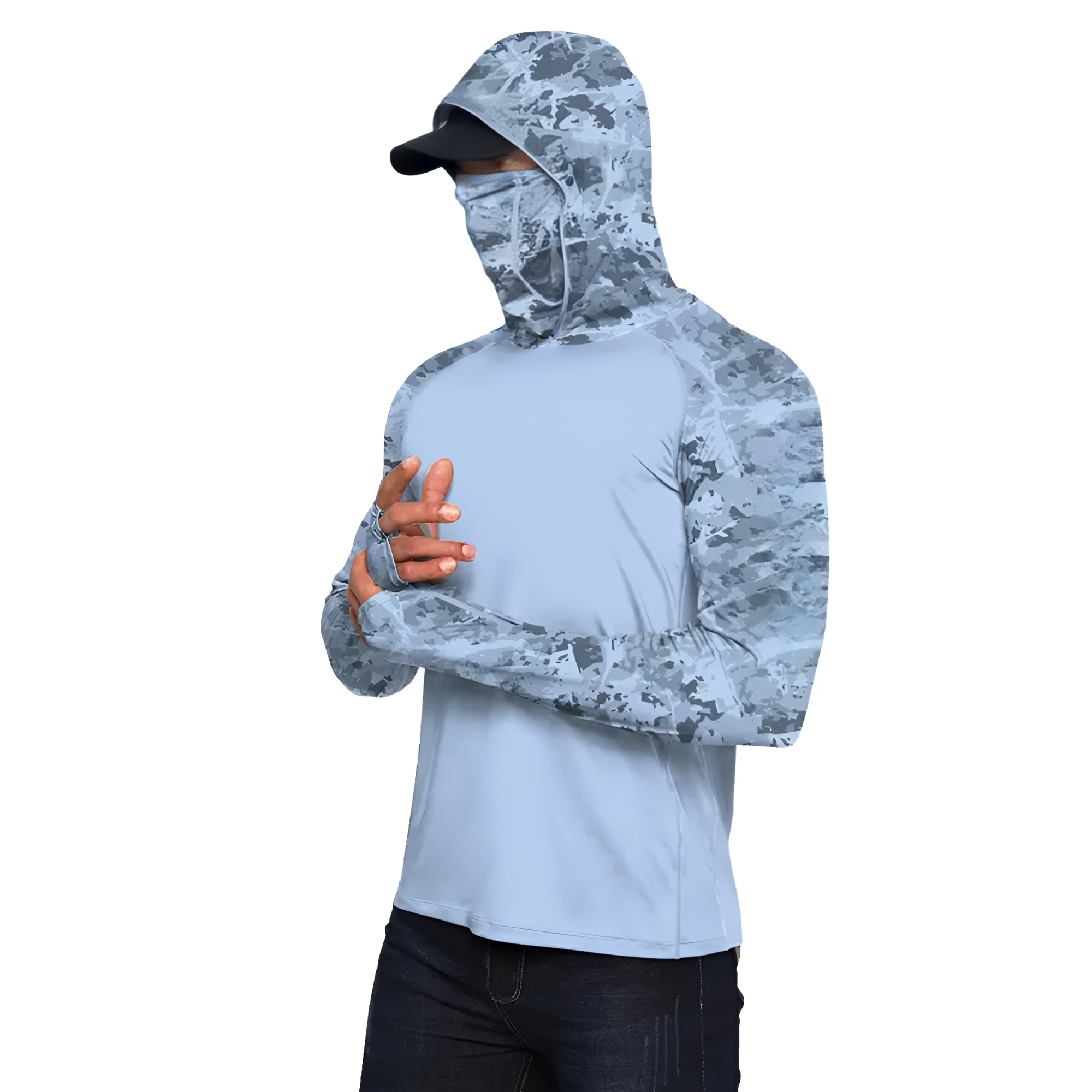 Sun Hoodie Shirts w/ UV Detection Mask Neck Gaiter Thumbhole Men UPF 100+ Sun Protection Long Sleeve