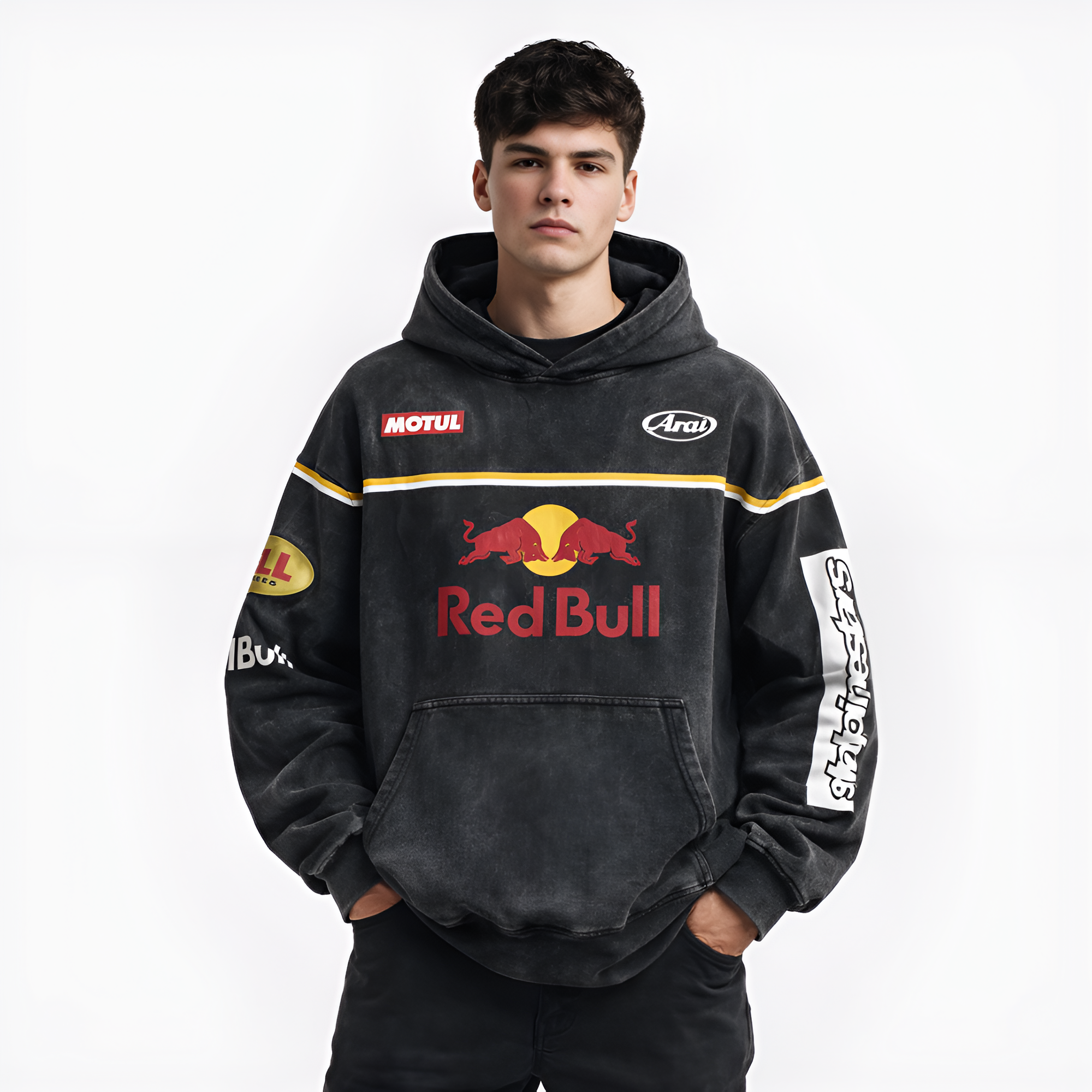 Washed Moto Inspired Graphic Hoodie