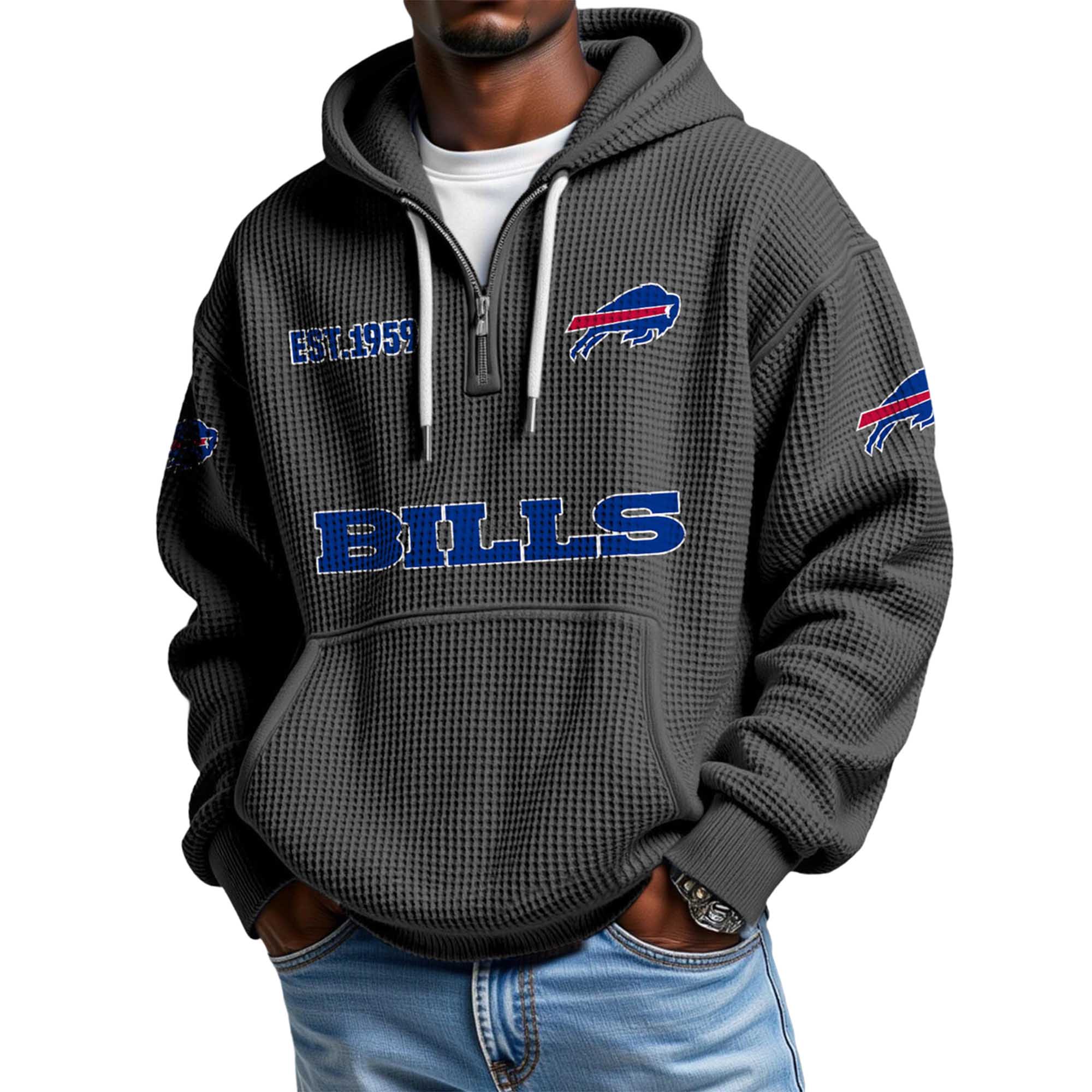 Buffalo Bills EST 1959 Printed Waffle Quarter Zip Football Fan Hoodie