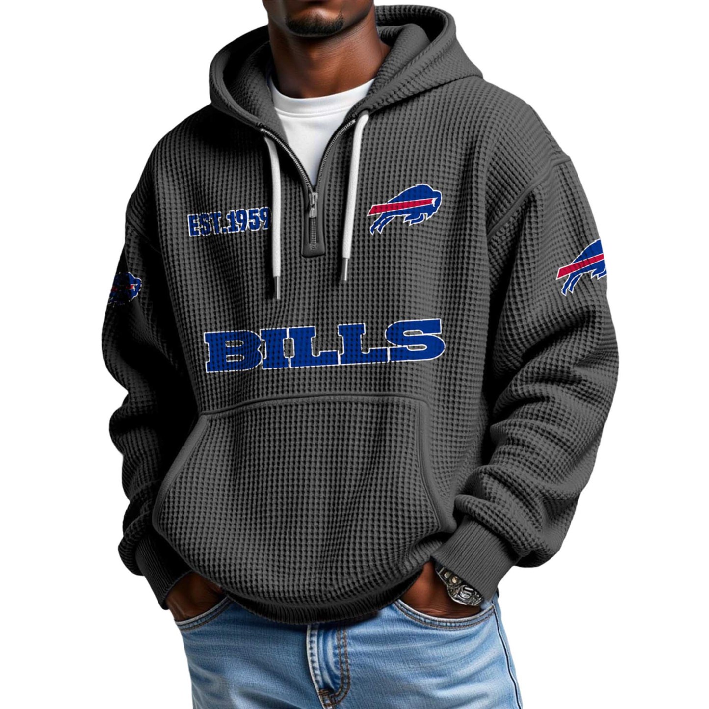 Buffalo Bills EST 1959 Printed Waffle Quarter Zip Football Fan Hoodie