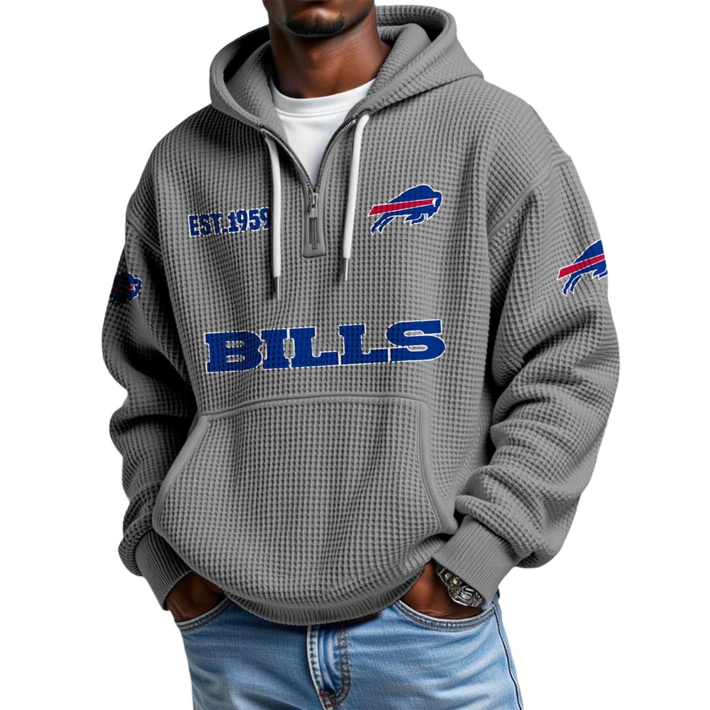 Buffalo Bills EST 1959 Printed Waffle Quarter Zip Football Fan Hoodie