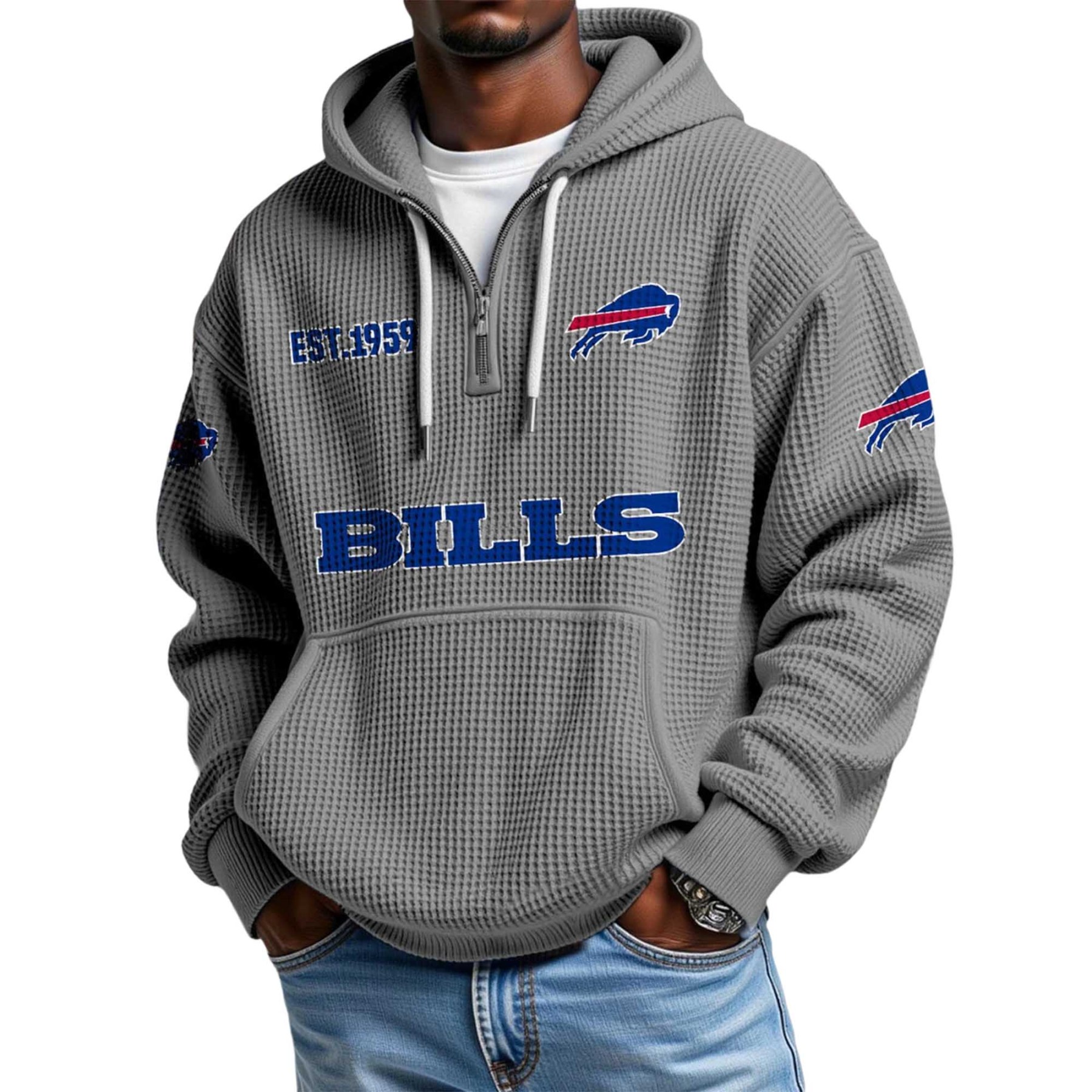 Buffalo Bills EST 1959 Printed Waffle Quarter Zip Football Fan Hoodie