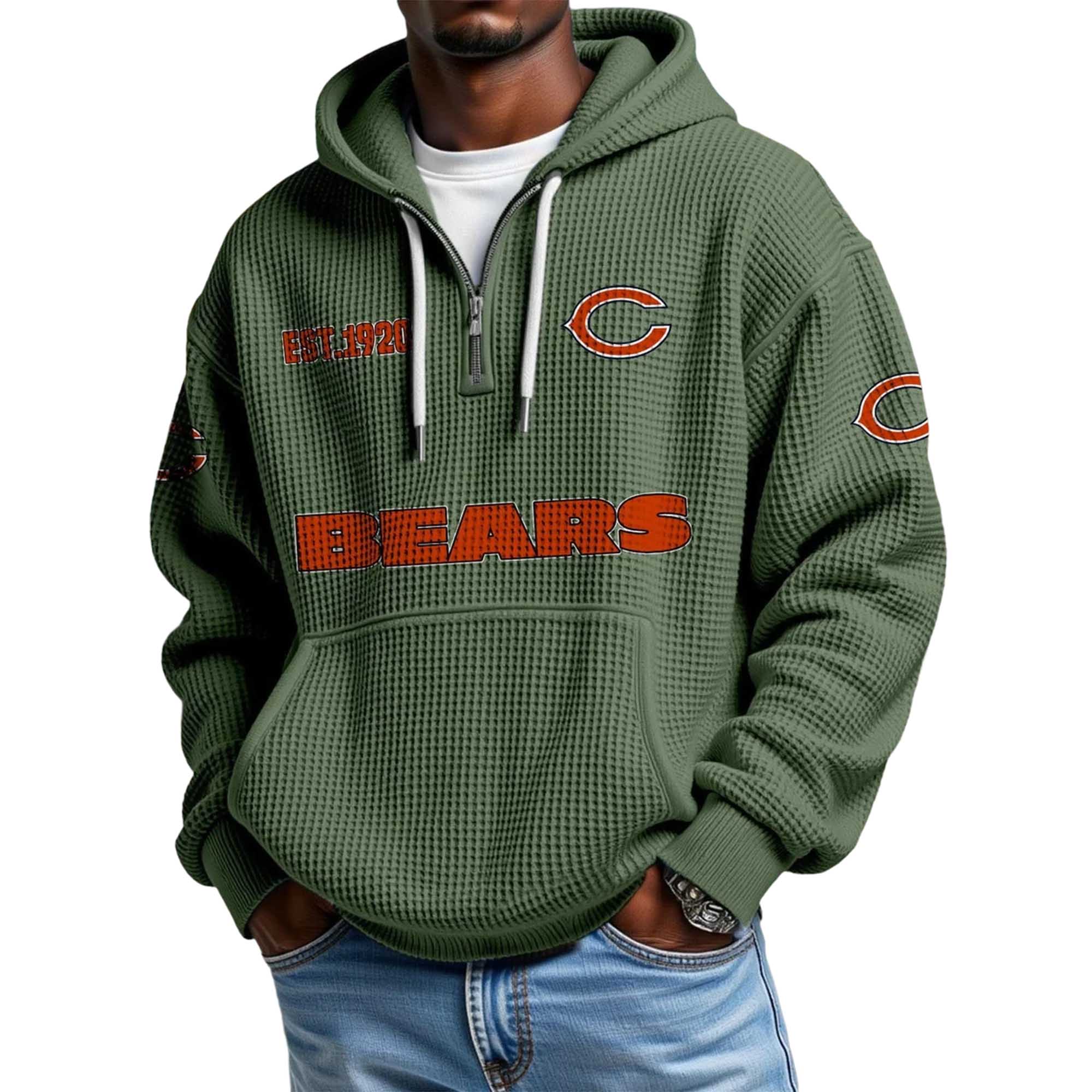 Chicago Bears EST 1920 Printed Quarter Zip Waffle Football Fan Hoodie