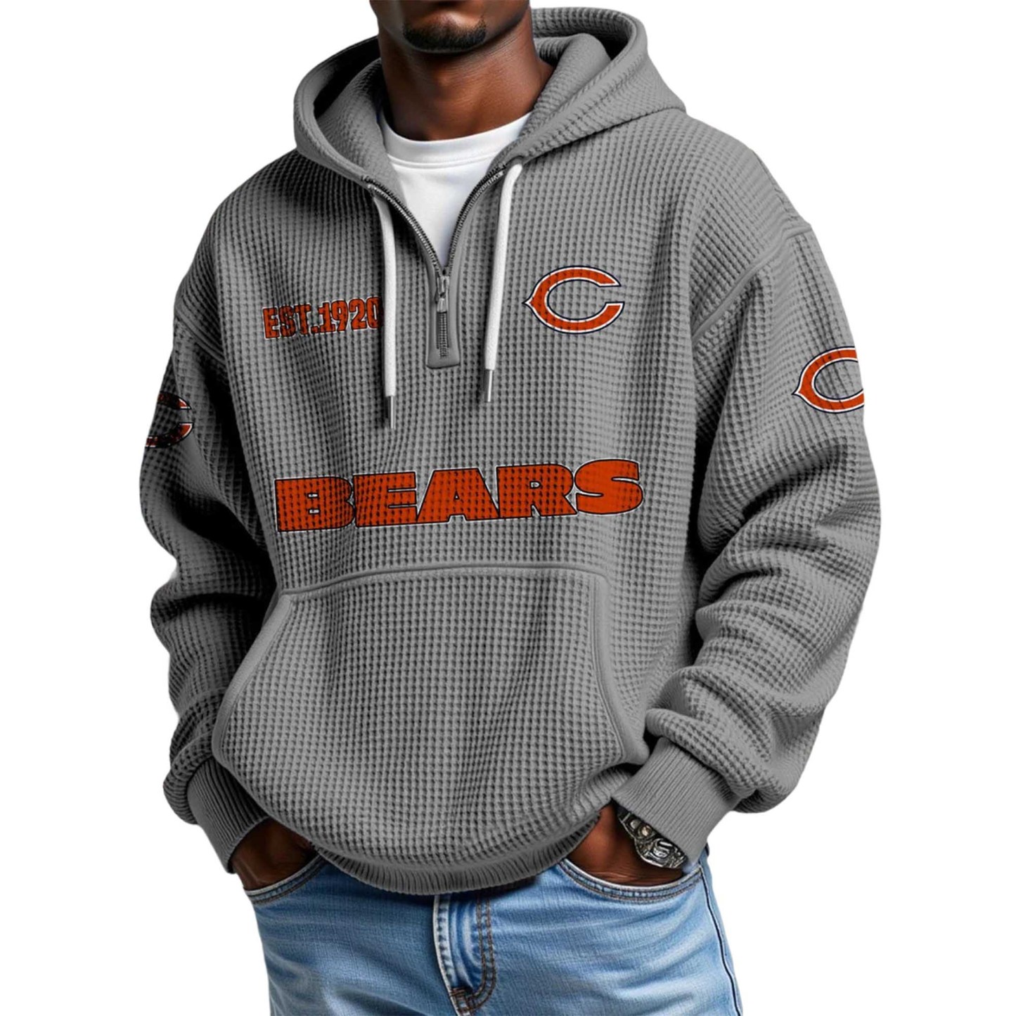 Chicago Bears EST 1920 Printed Quarter Zip Waffle Football Fan Hoodie