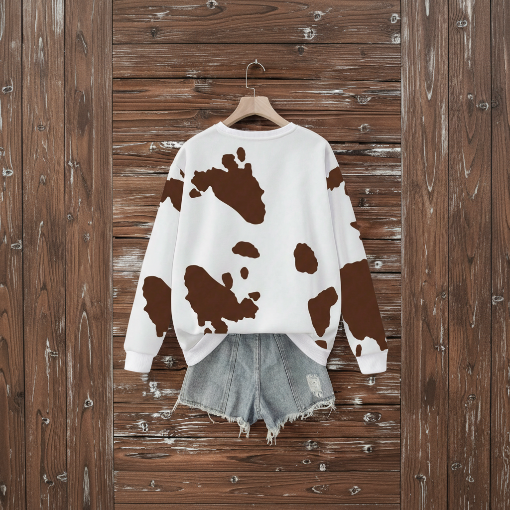 Cow Print Long Sleeve Casual Crew Sweatshirt