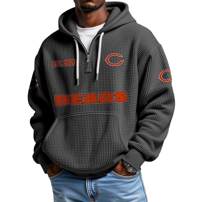 Chicago Bears EST 1920 Printed Quarter Zip Waffle Football Fan Hoodie