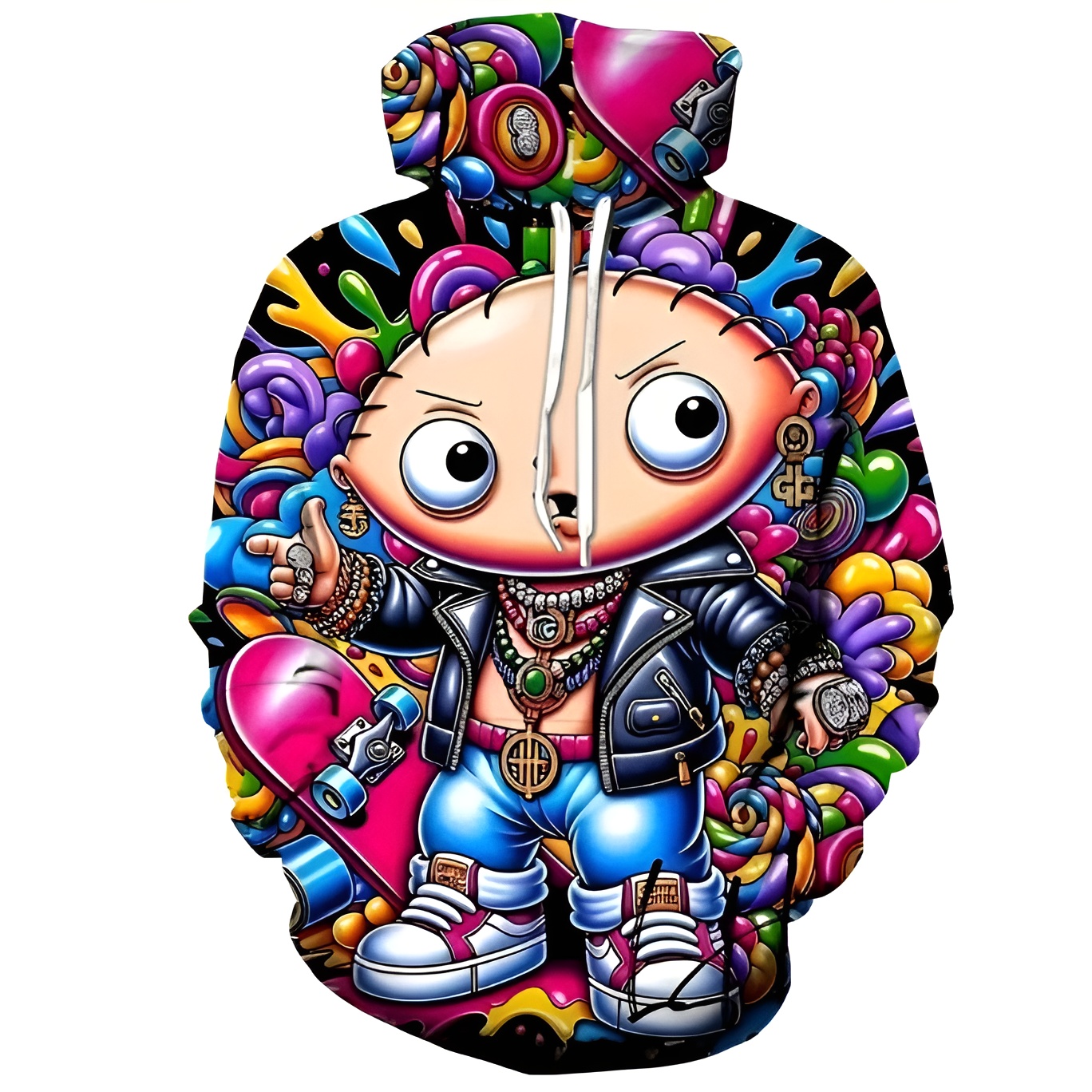 Casual Cartoon Printed Hoodie With Kangaroo Pocket