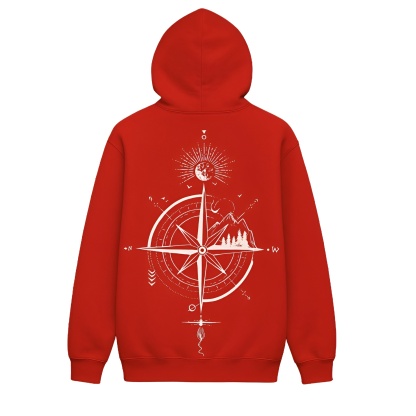 Casual Loose Fit Hoodie With Compass And Mountain Graphic Print For Men