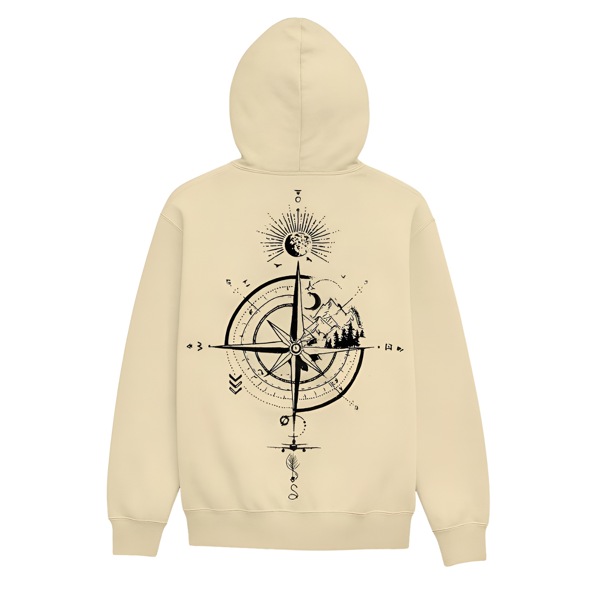 Casual Loose Fit Hoodie With Compass And Mountain Graphic Print For Men