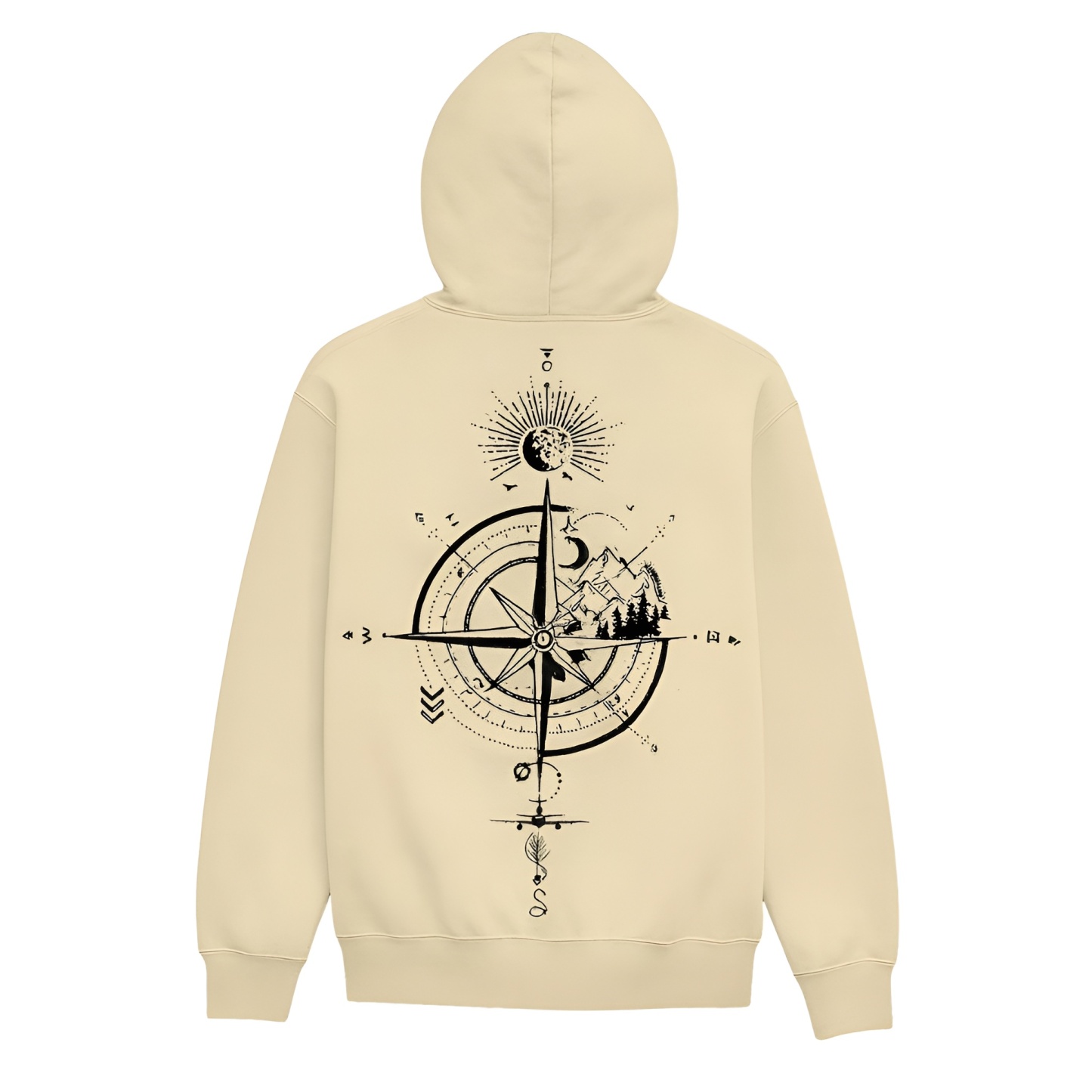 Casual Loose Fit Hoodie With Compass And Mountain Graphic Print For Men