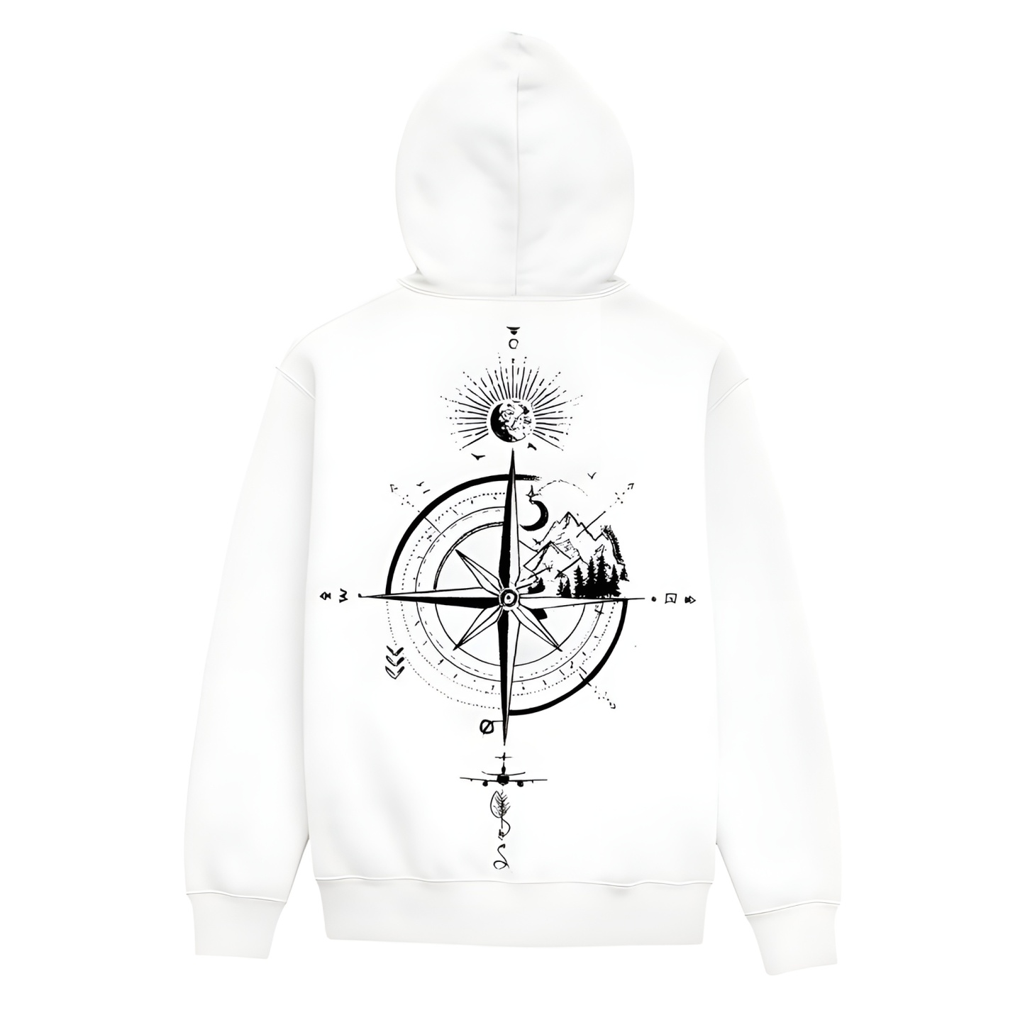 Casual Loose Fit Hoodie With Compass And Mountain Graphic Print For Men