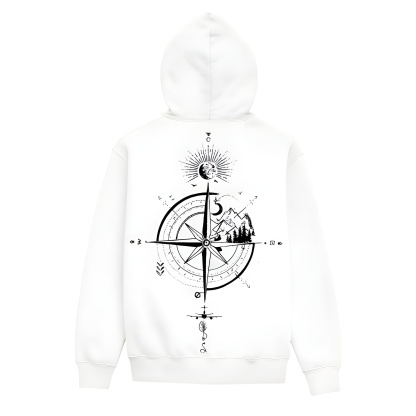 Casual Loose Fit Hoodie With Compass And Mountain Graphic Print For Men